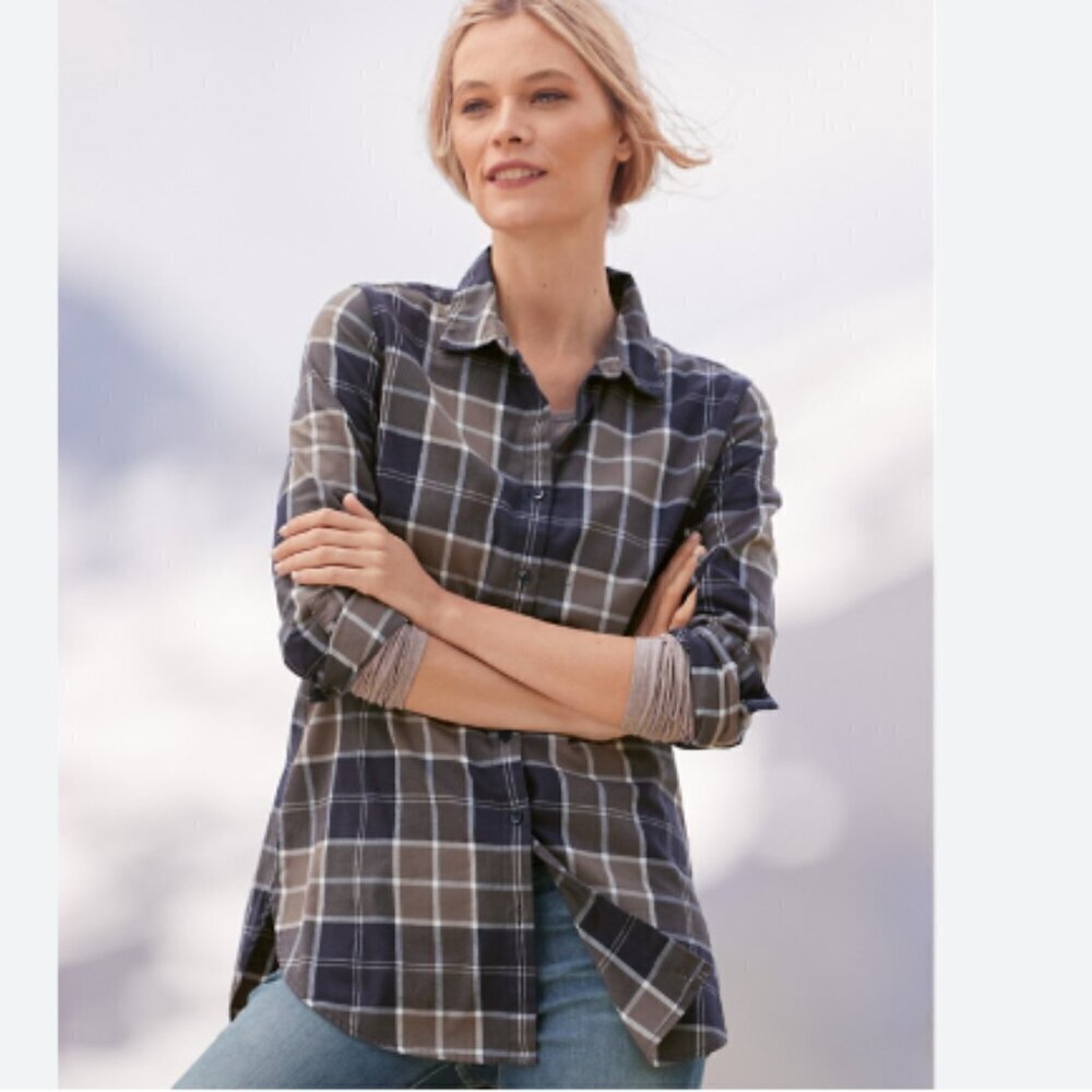 NWT Garnet Hill Essential Long Tunic Shirt Plaid Organic Cotton